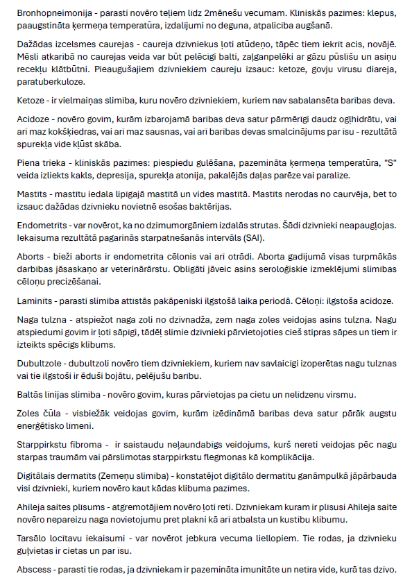 Biežāk izplatītās slimības liellopu ganāmpulkos