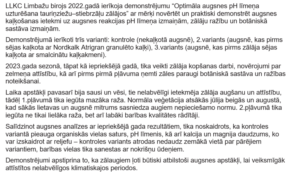 Kaļķošanas materiālu salīdzinājums tauriņziežu–stiebrzāļu zālājos