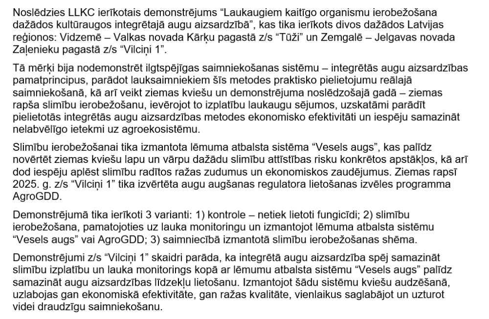 Integrētā augu aizsardzība kviešos un rapsī – demonstrējuma rezultāti 2025